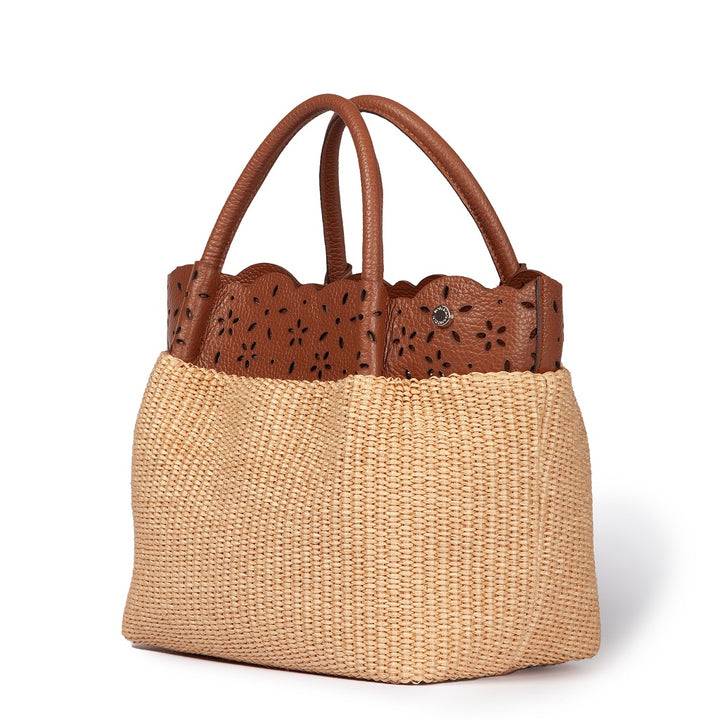 Roberta Gandolfi Diletta Handbag in rafia con balza in pelle laserata con tracolla staccabile Soddisfazione Garantita