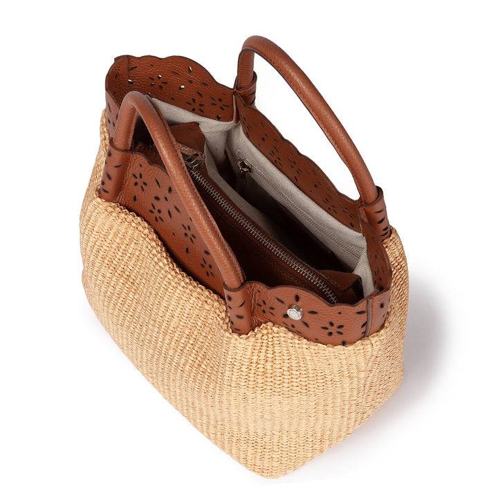 Roberta Gandolfi Diletta Handbag in rafia con balza in pelle laserata con tracolla staccabile Soddisfazione Garantita