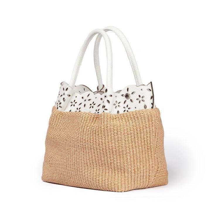 Roberta Gandolfi Diletta Handbag in rafia con balza in pelle laserata con tracolla staccabile Qualità Garantita