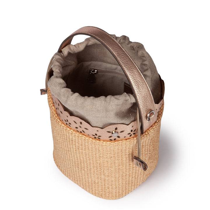 Roberta Gandolfi Diletta Bucket in rafia con balza in pelle laserata con tracolla staccabile Offerte esclusive