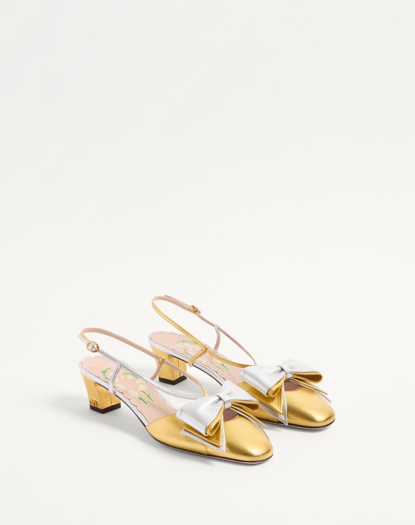 Valentino Handbags Décolleté Slingback Bowow In Nappa Laminata 45mm per Donna in Oro/silver | Valentino IT Promozione Limitata