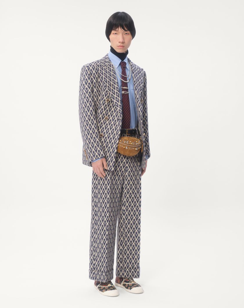 Valentino Handbags Pantalone In Lana Con Risvolto Con Motivo Jacquard Toute La V per Uomo in Notte/crema | Valentino IT Acquista Ora