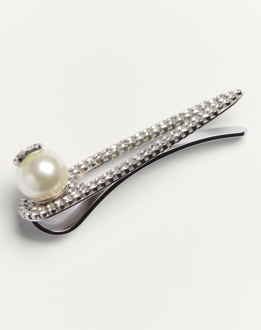 Valentino Handbags Fermacravatta Vlogo Signature In Metallo Con Cristalli E Perla Swarovski® per Uomo in Palladio/crema/crystal | Valentino IT Consegna Veloce