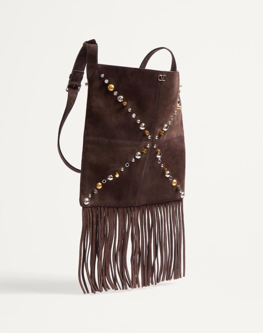 Valentino Handbags Borsa A Spalla Valentino Garavani Nellcôte In Suede Con Frange per Uomo in Testa Di Moro | Valentino IT Outlet