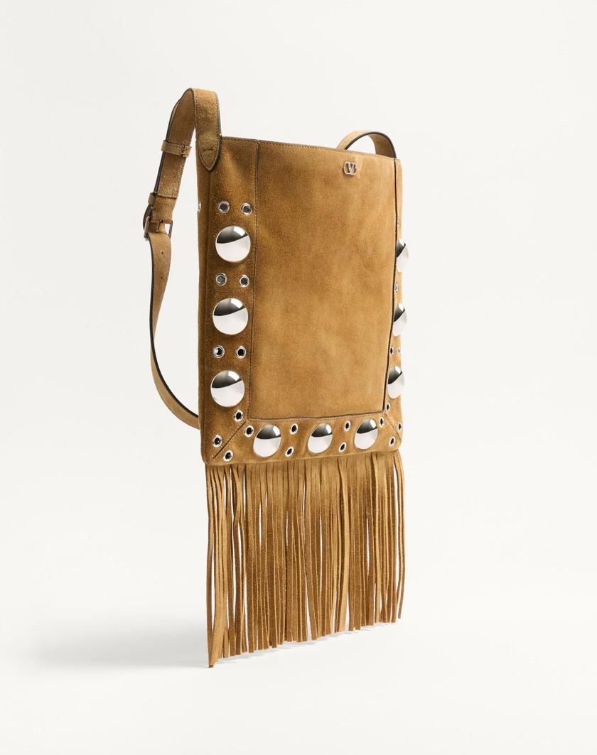 Valentino Handbags Borsa A Spalla Valentino Garavani Nellcôte In Suede Con Frange per Uomo in Havana Beige | Valentino IT Negozio
