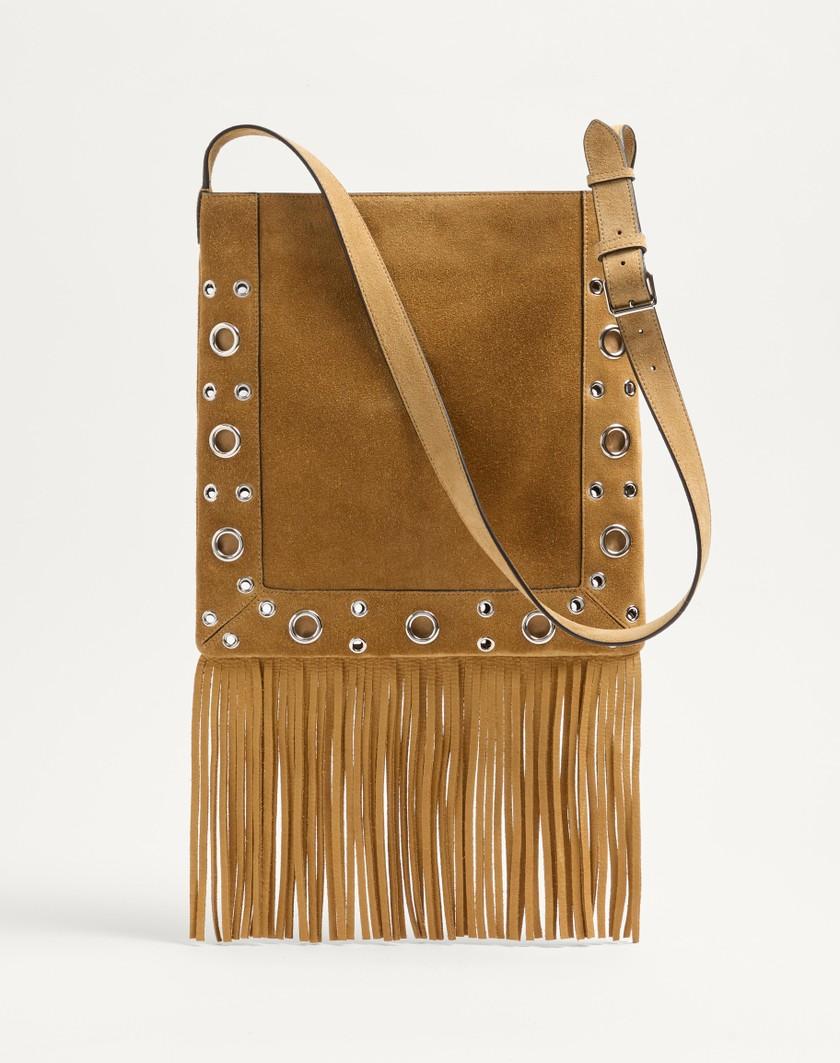 Valentino Handbags Borsa A Spalla Valentino Garavani Nellcôte In Suede Con Frange per Uomo in Havana Beige | Valentino IT Negozio