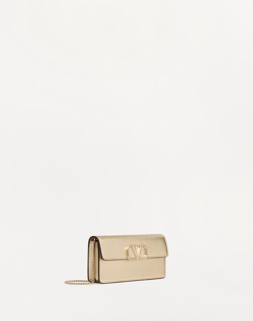 Valentino Handbags Portafoglio Con Catena Vlogo Signature In Vitello Granato Metallizzato per Donna in Platino | Valentino IT Outlet
