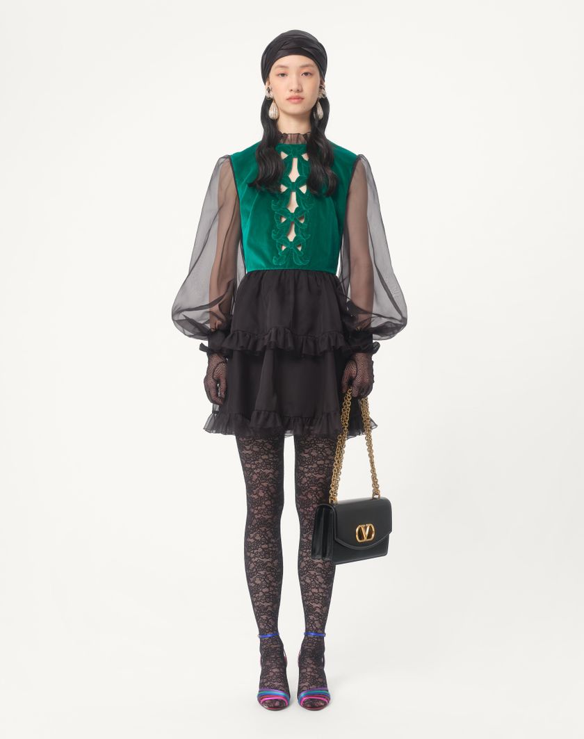 Valentino Handbags Abito Corto In Organza Ricamato per Donna in Nero/verde | Valentino IT Shopping Online