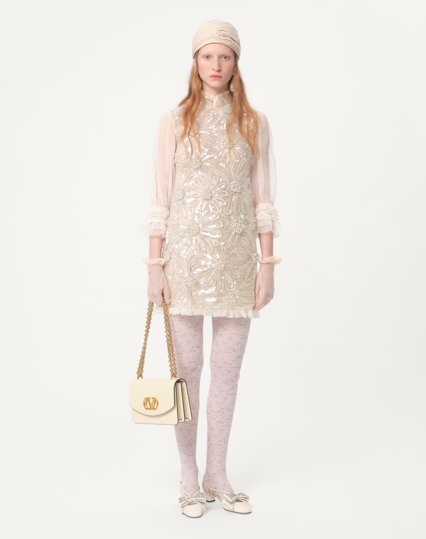 Valentino Handbags Abito Corto In Organza Ricamato per Donna in Grigio Perla | Valentino IT Sottocosto