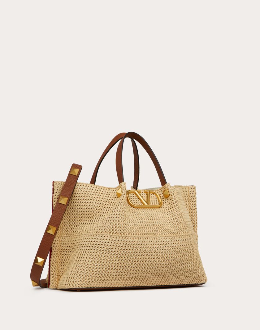 Valentino Handbags Borsa Shopping Media In Rafia Sintetica per Donna in Selleria/naturale/rouge Pur | Valentino IT Qualità Garantita