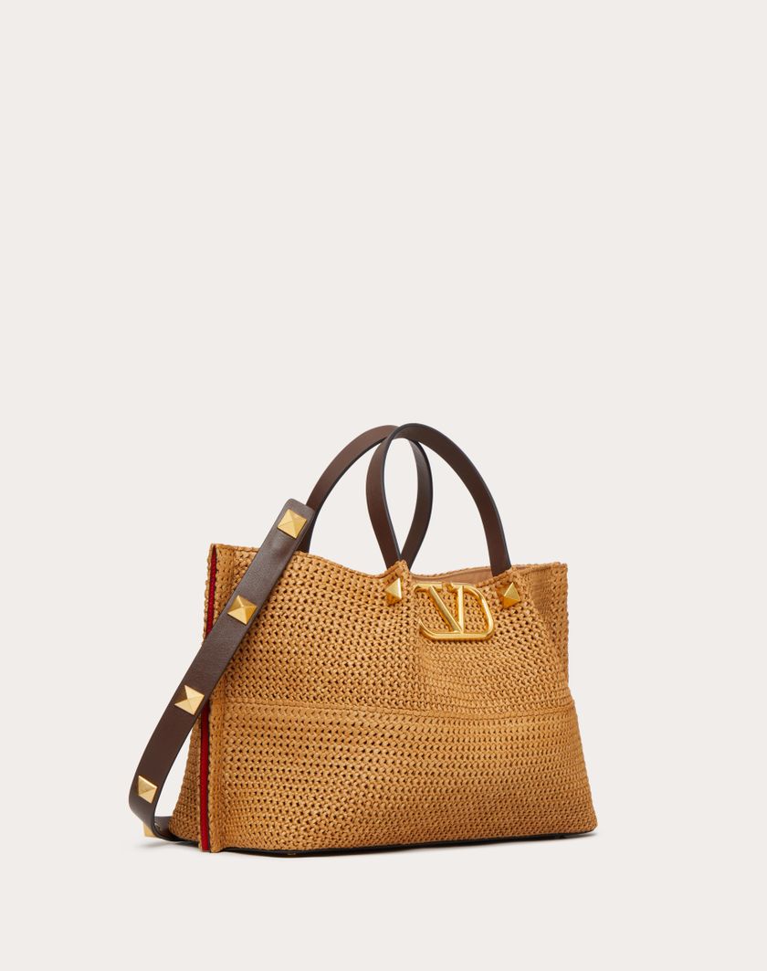 Valentino Handbags Borsa Shopping Media In Rafia Sintetica per Donna in Biscotto/cioccolato | Valentino IT Negozi Online