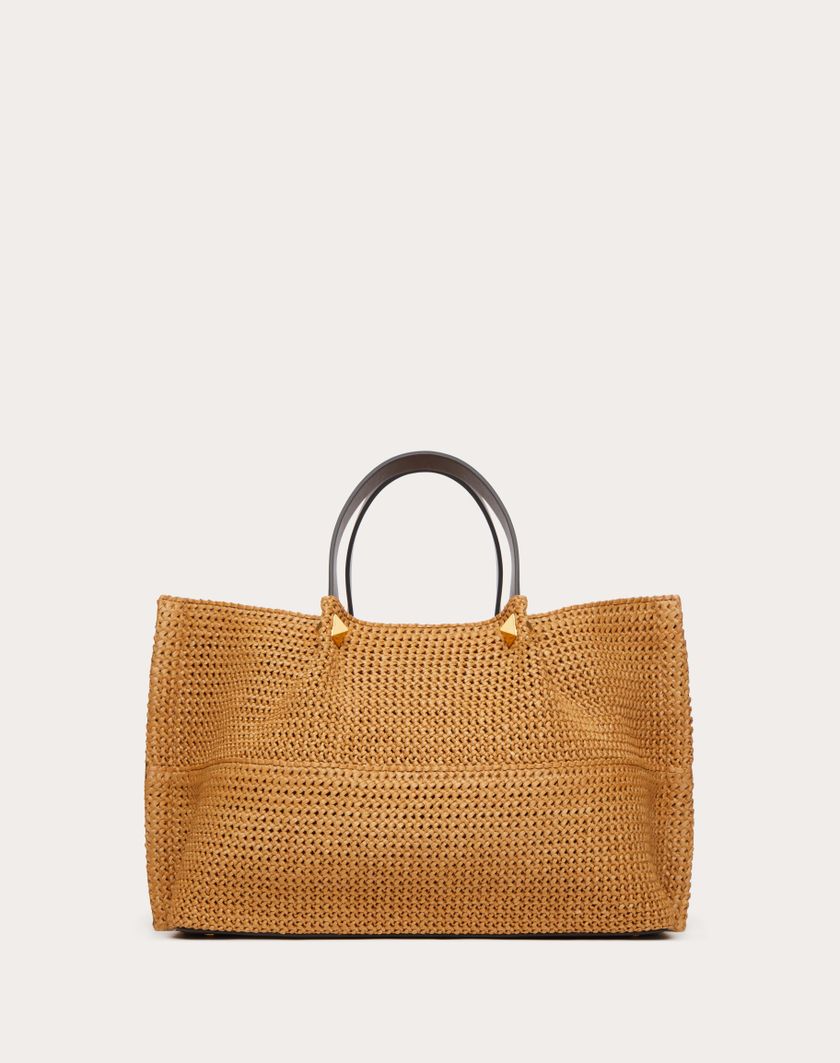 Valentino Handbags Borsa Shopping Media In Rafia Sintetica per Donna in Biscotto/cioccolato | Valentino IT Negozi Online