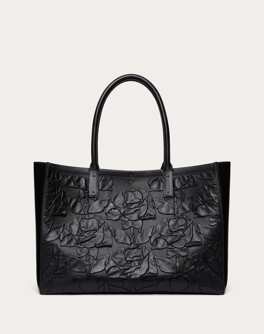 Valentino Handbags Borsa Shopping Media Vlogo Locker Tote In Pelle Con Rose Ricamate per Donna in Nero | Valentino IT Promozione Limitata