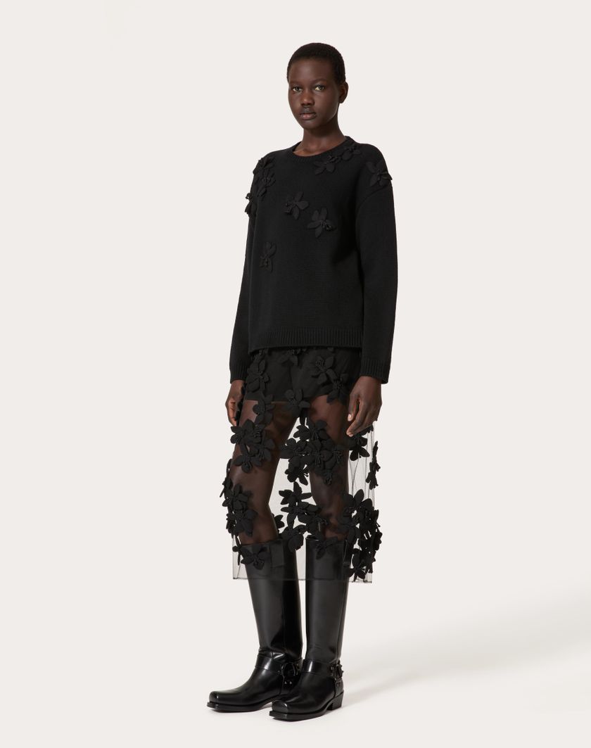 Valentino Handbags Gonna Midi In Tulle Illusione Ricamata per Donna in Nero | Valentino IT Saldi Di Fabbrica