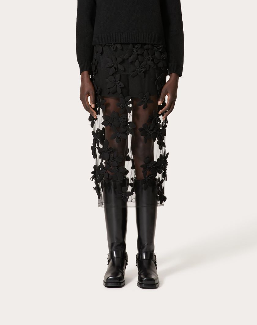 Valentino Handbags Gonna Midi In Tulle Illusione Ricamata per Donna in Nero | Valentino IT Saldi Di Fabbrica