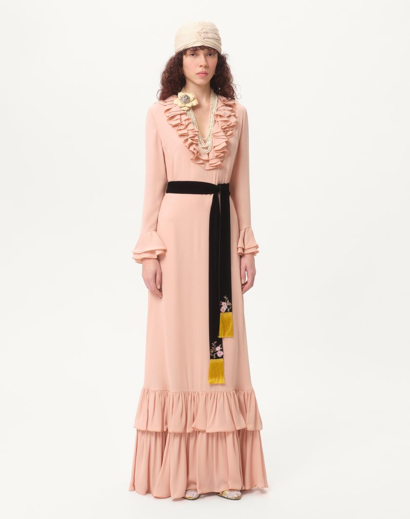Valentino Handbags Abito Lungo In Georgette Ricamato per Donna in Rose Mist | Valentino IT Online