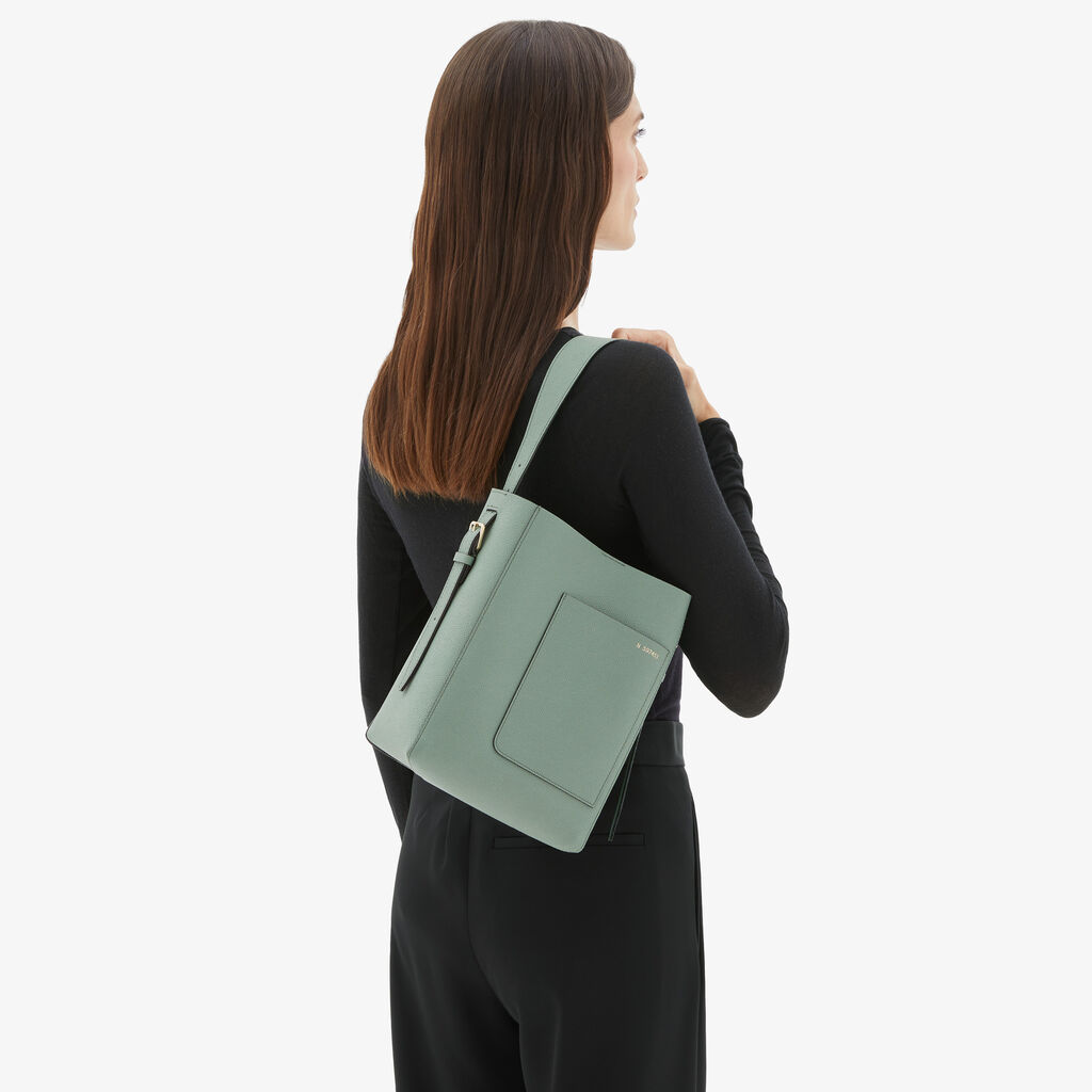 Valextra Borsa a Secchiello Soft Mini | Pelle di vitello Millepunte | Verde Eucalipto | Valextra Qualità Garantita