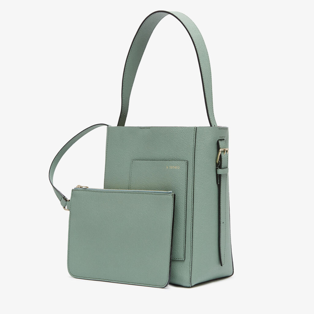 Valextra Borsa a Secchiello Soft Mini | Pelle di vitello Millepunte | Verde Eucalipto | Valextra Qualità Garantita