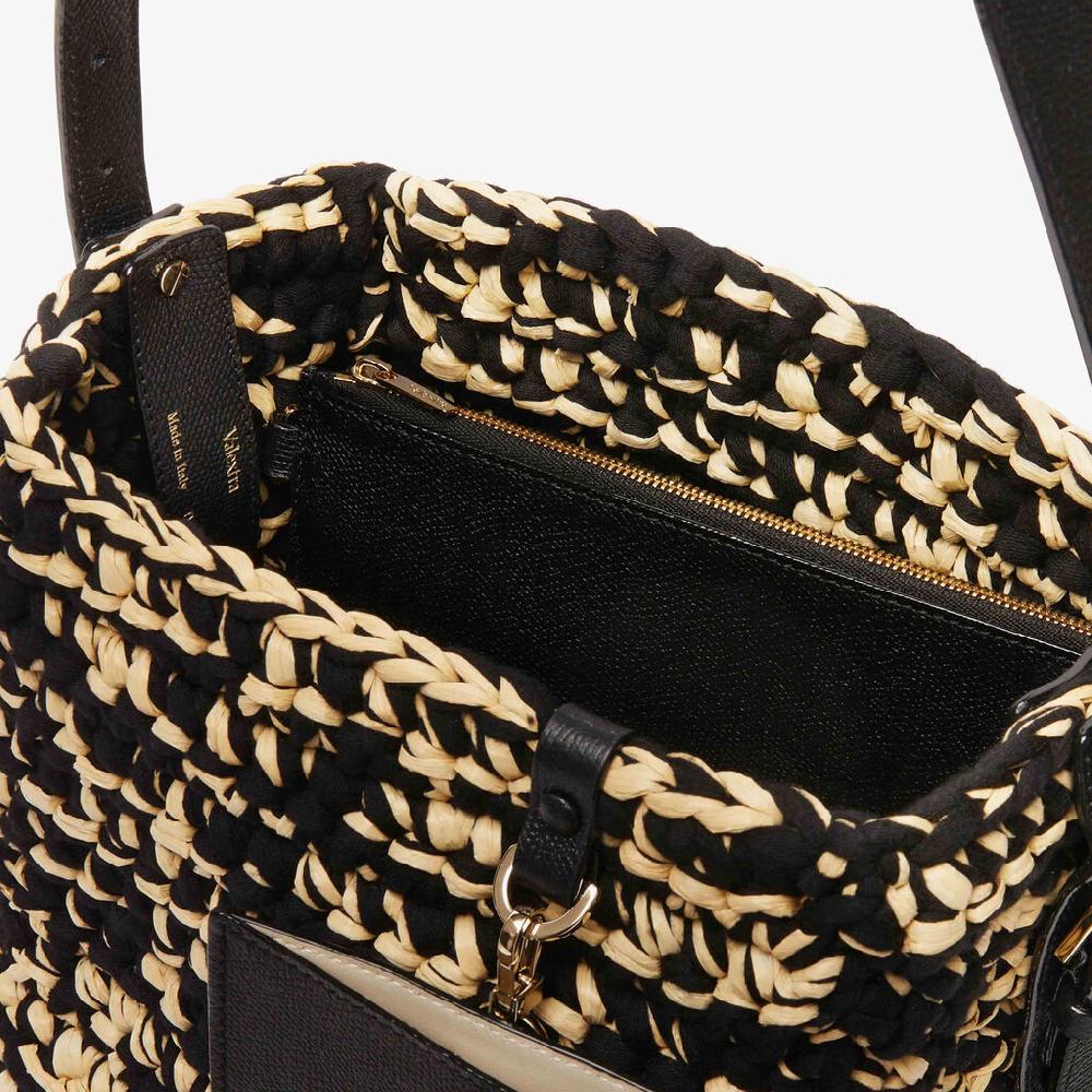 Valextra Borsa a secchiello Donna Nera e Beige in Rafia e Cotone | Valextra In vendita