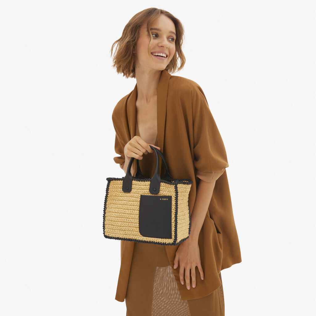 Valextra Borsa tote Mini da Donna in Rafia Beige e Nera | Valextra Offerte stagionali
