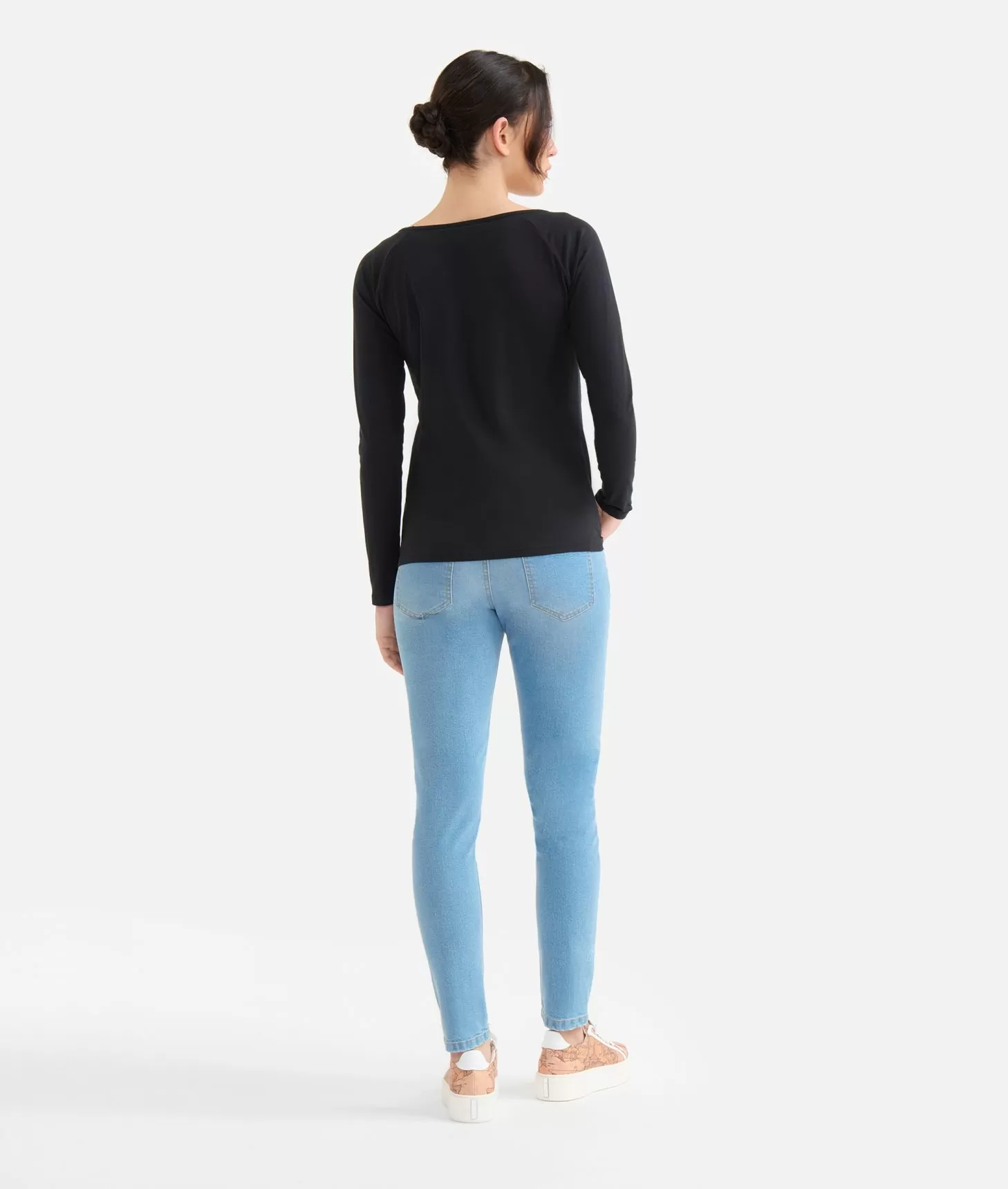 Alviero martini 1a classe T-shirt a maniche lunghe in jersey di cotone stretch con spicchi Geo Classic Nera Outlet
