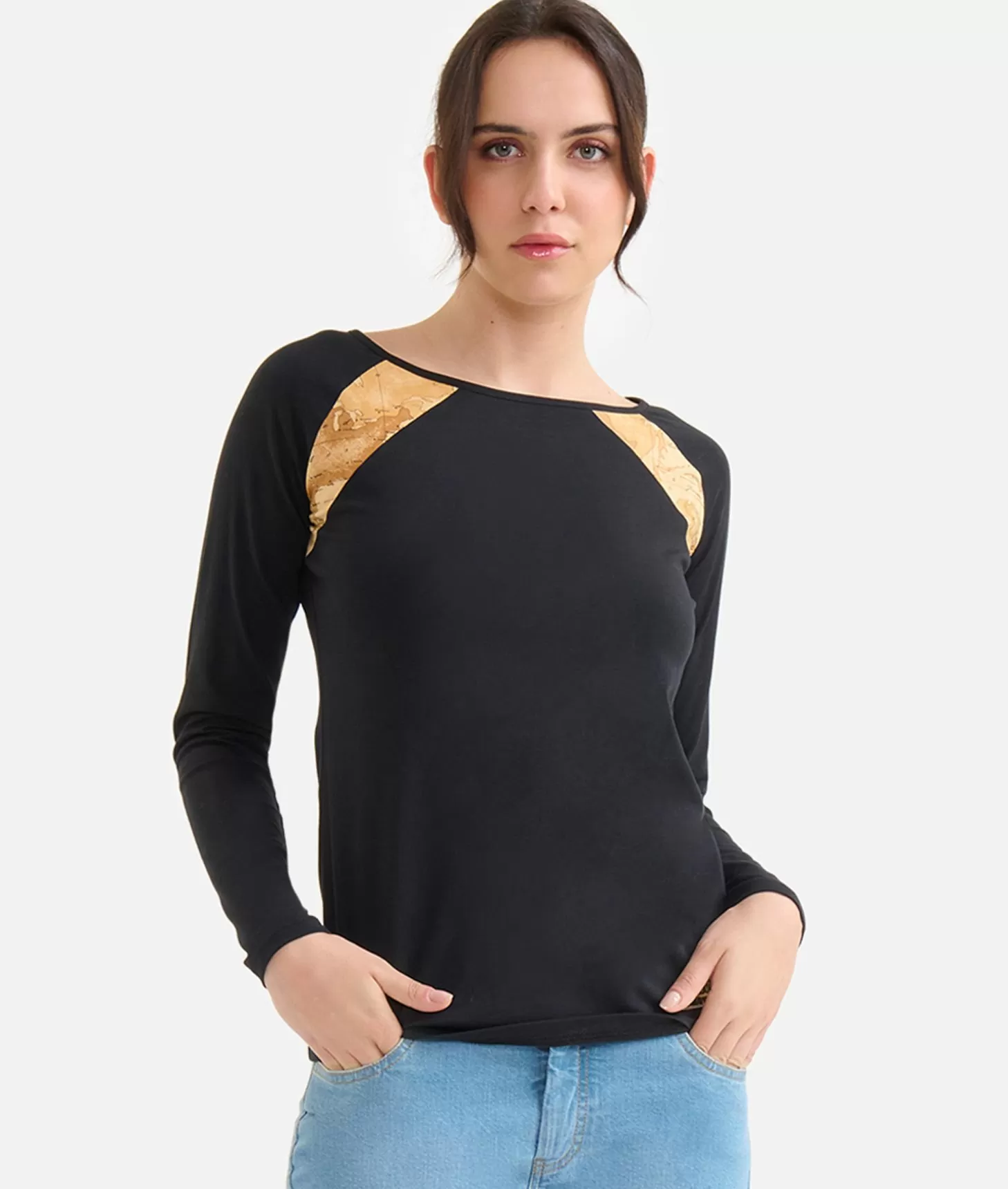 Alviero martini 1a classe T-shirt a maniche lunghe in jersey di cotone stretch con spicchi Geo Classic Nera Outlet