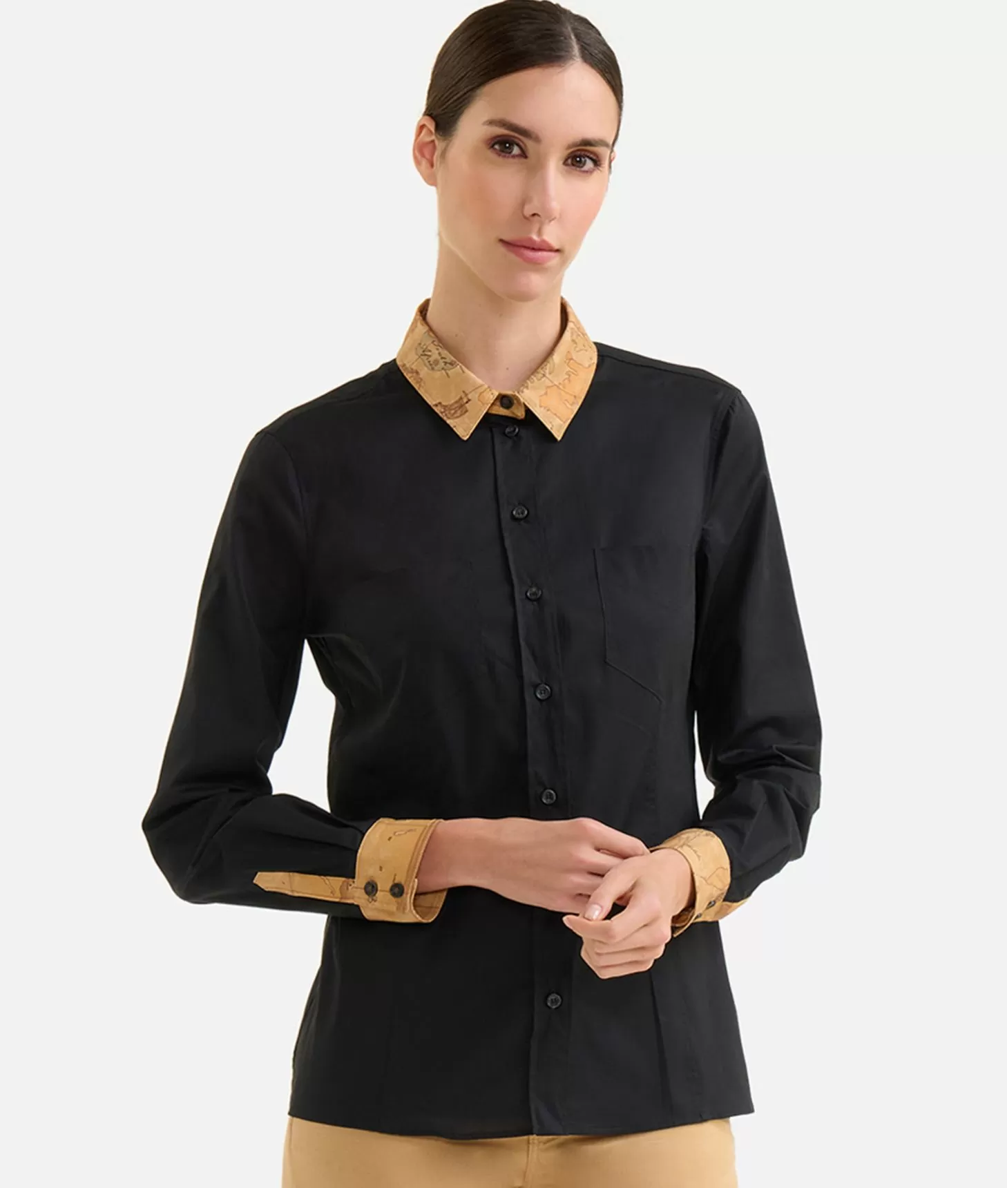 Alviero martini 1a classe Camicia in popeline di cotone stretch con dettagli Geo Classic Nera In Linea