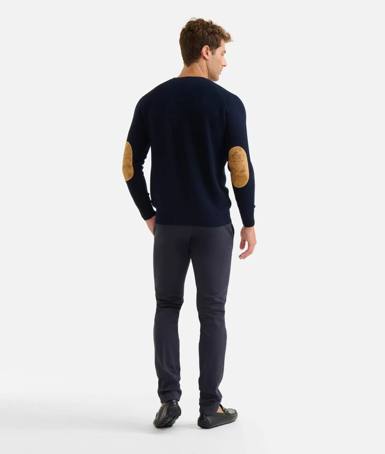 Alviero martini 1a classe Girocollo in filato misto lana con toppe Geo Classic Blu Notte Prezzo Ridotto