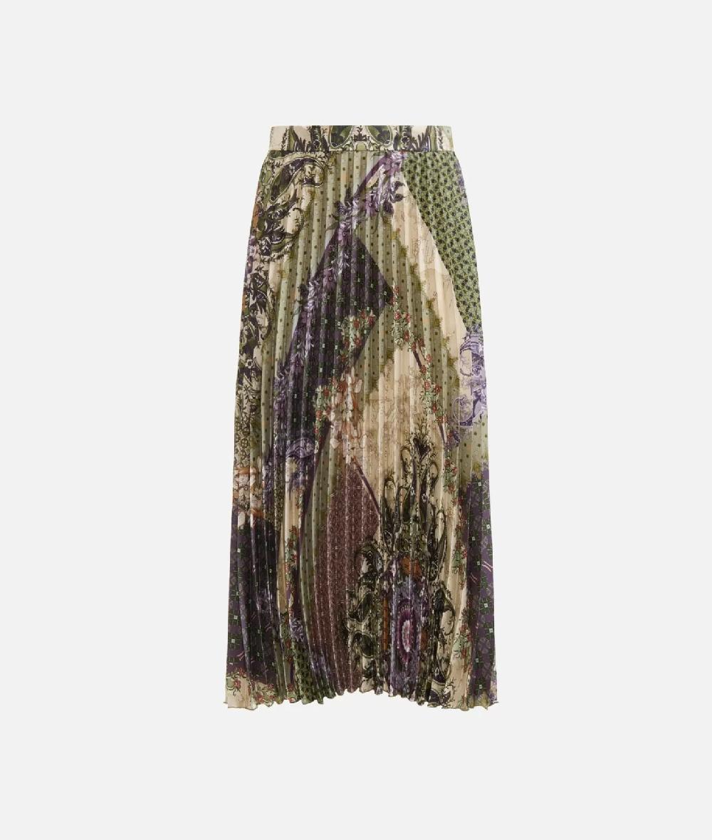 Alviero martini 1a classe Gonna plissé in twill stampa Geo Patchwork Foulard Verde Prezzo Ridotto