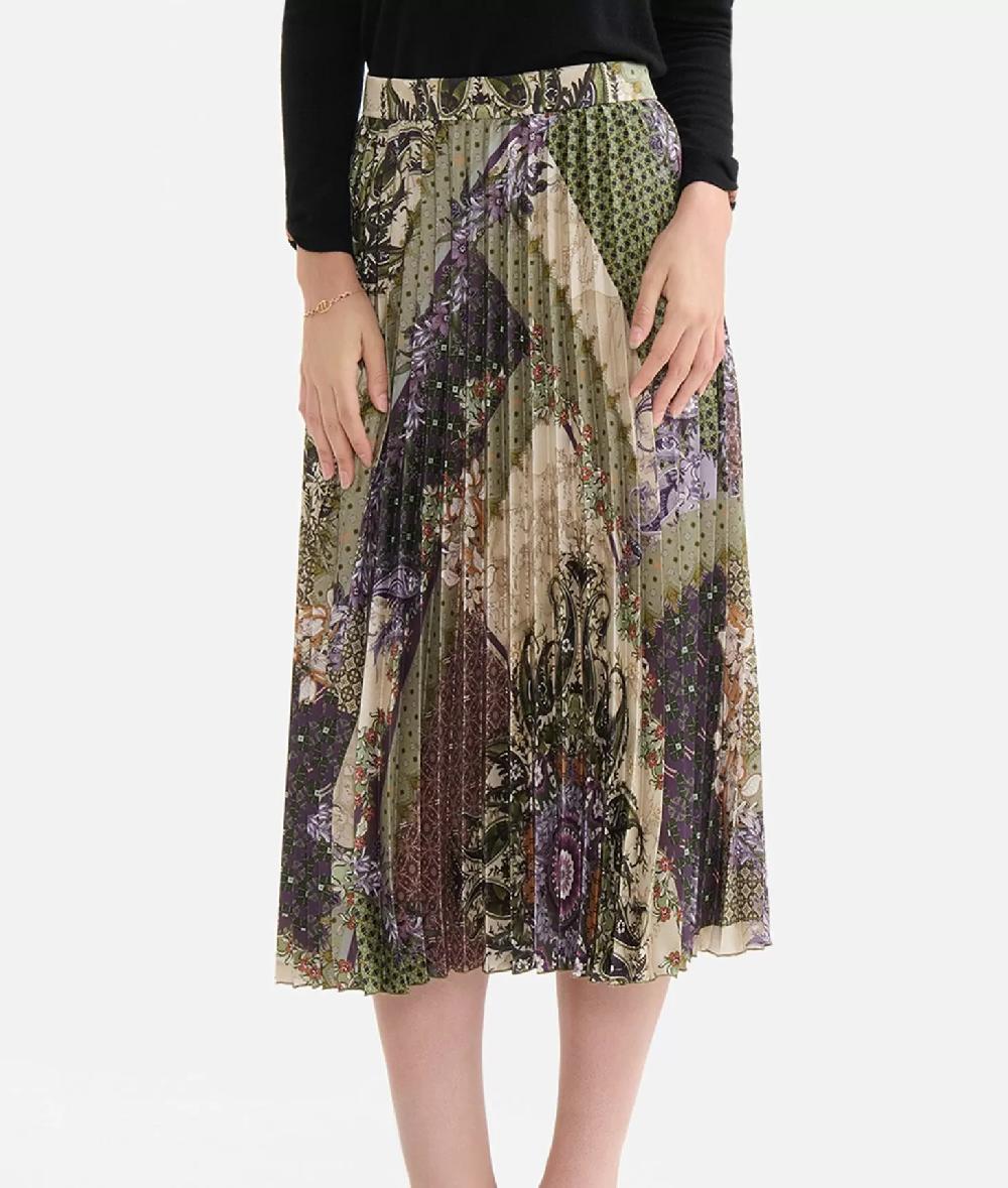 Alviero martini 1a classe Gonna plissé in twill stampa Geo Patchwork Foulard Verde Prezzo Ridotto