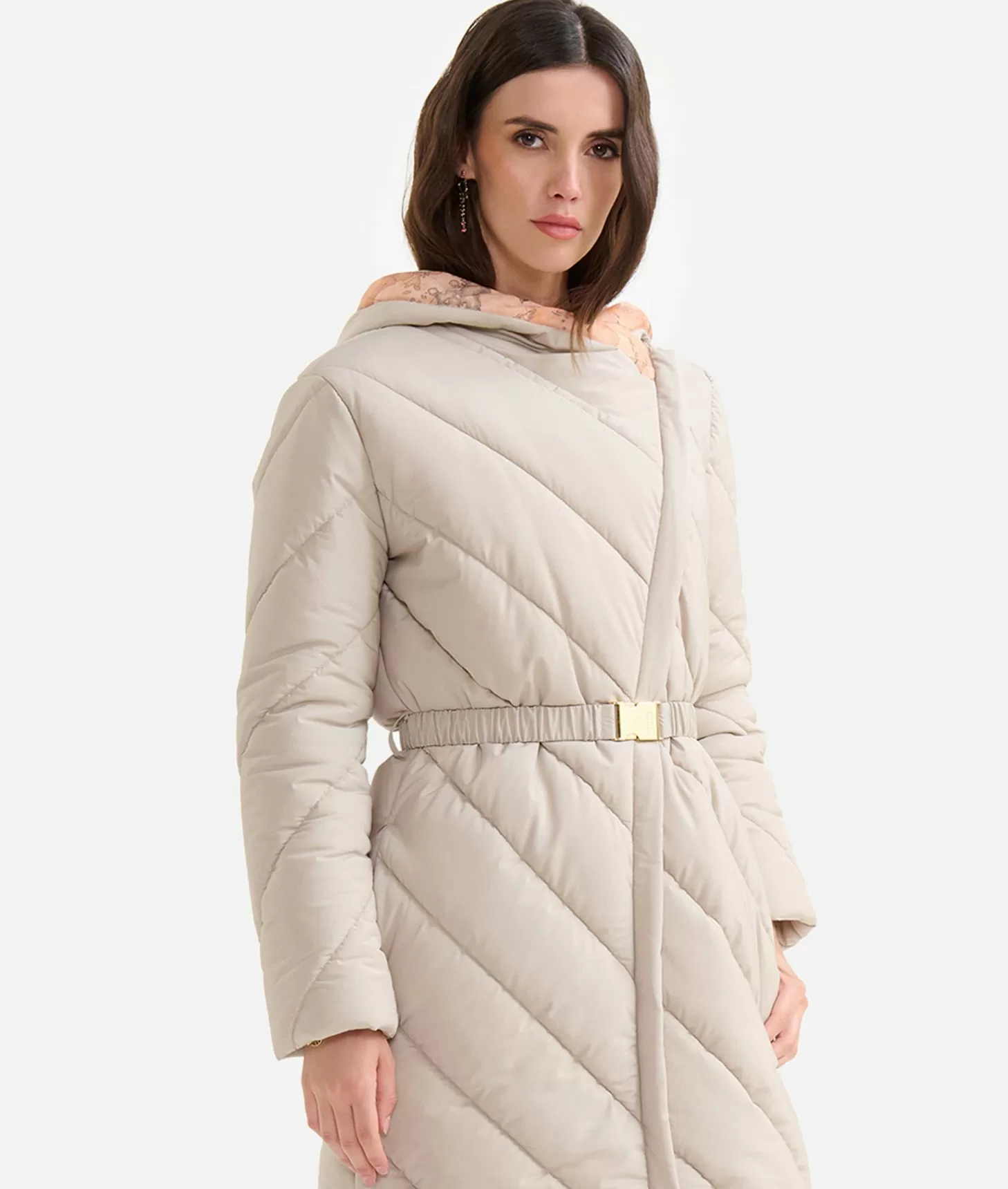 Alviero martini 1a classe Imbottito lungo in nylon con cappuccio Greige Vendite Flash