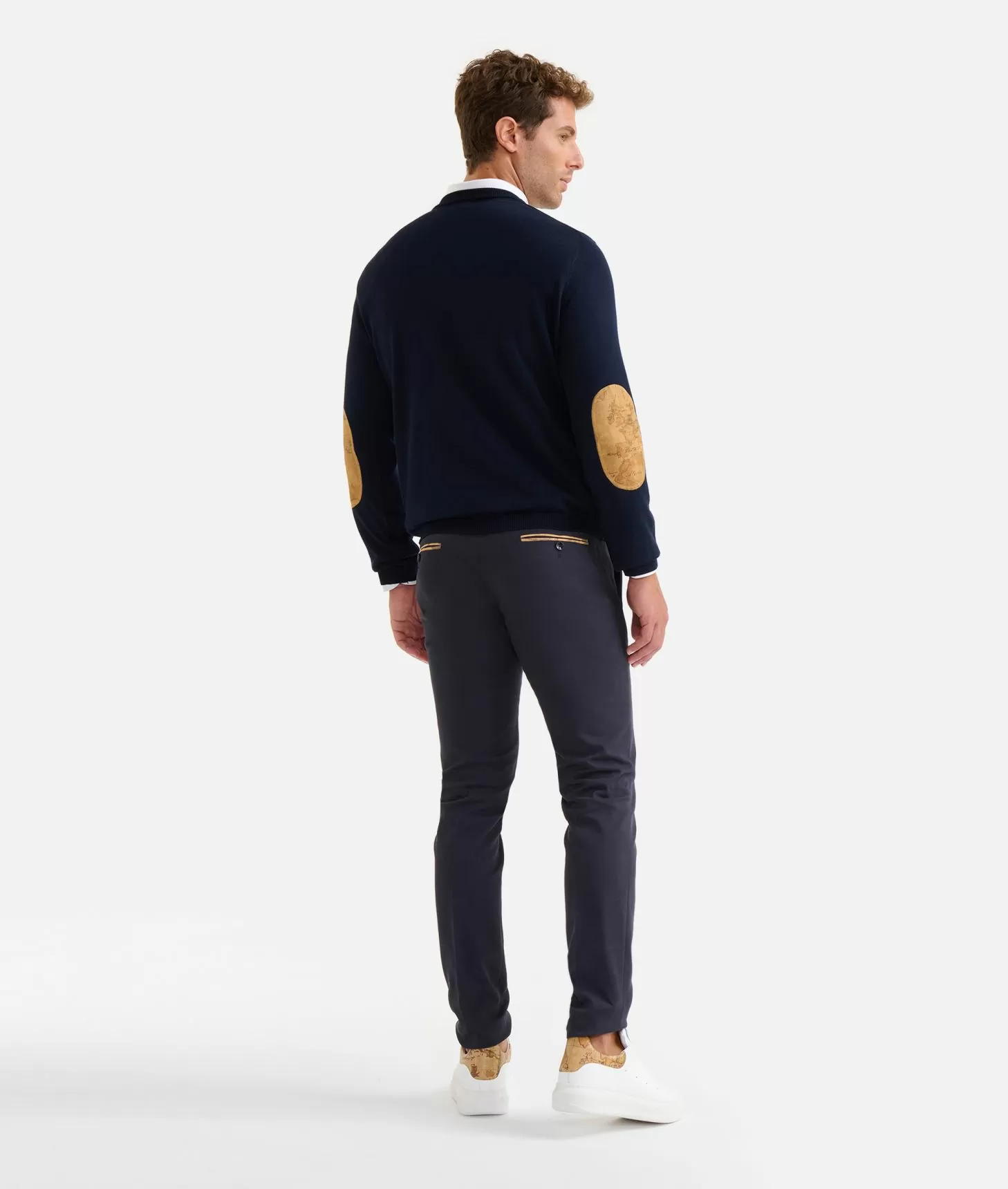 Alviero martini 1a classe Girocollo in filato misto lana con toppe Geo Classic Blu Notte Pezzi Unici