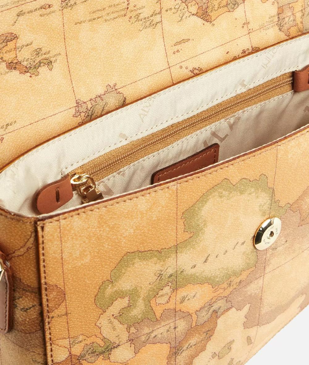 Alviero martini 1a classe Borsa a tracolla con patta in tessuto stampa Geo Classic Naturale Nuovo