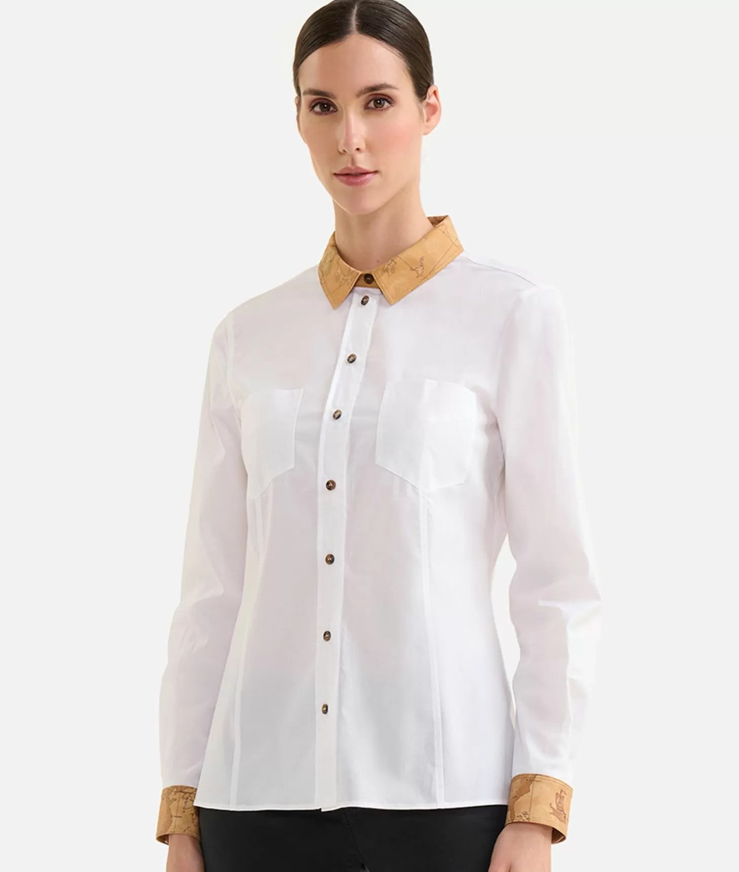 Alviero martini 1a classe Camicia in popeline di cotone stretch con dettagli Geo Classic Bianca Nuovo
