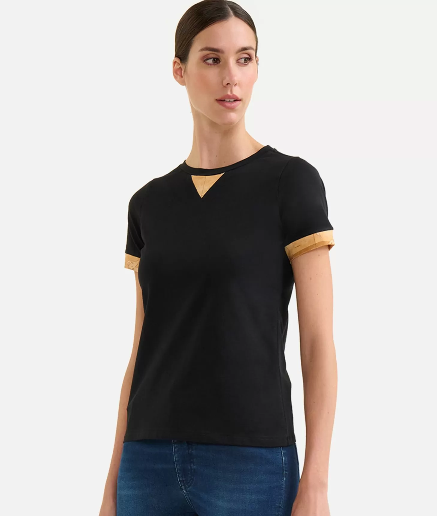 Alviero martini 1a classe T-shirt in jersey di cotone stretch con dettaglio Geo Classic Nera Vendita
