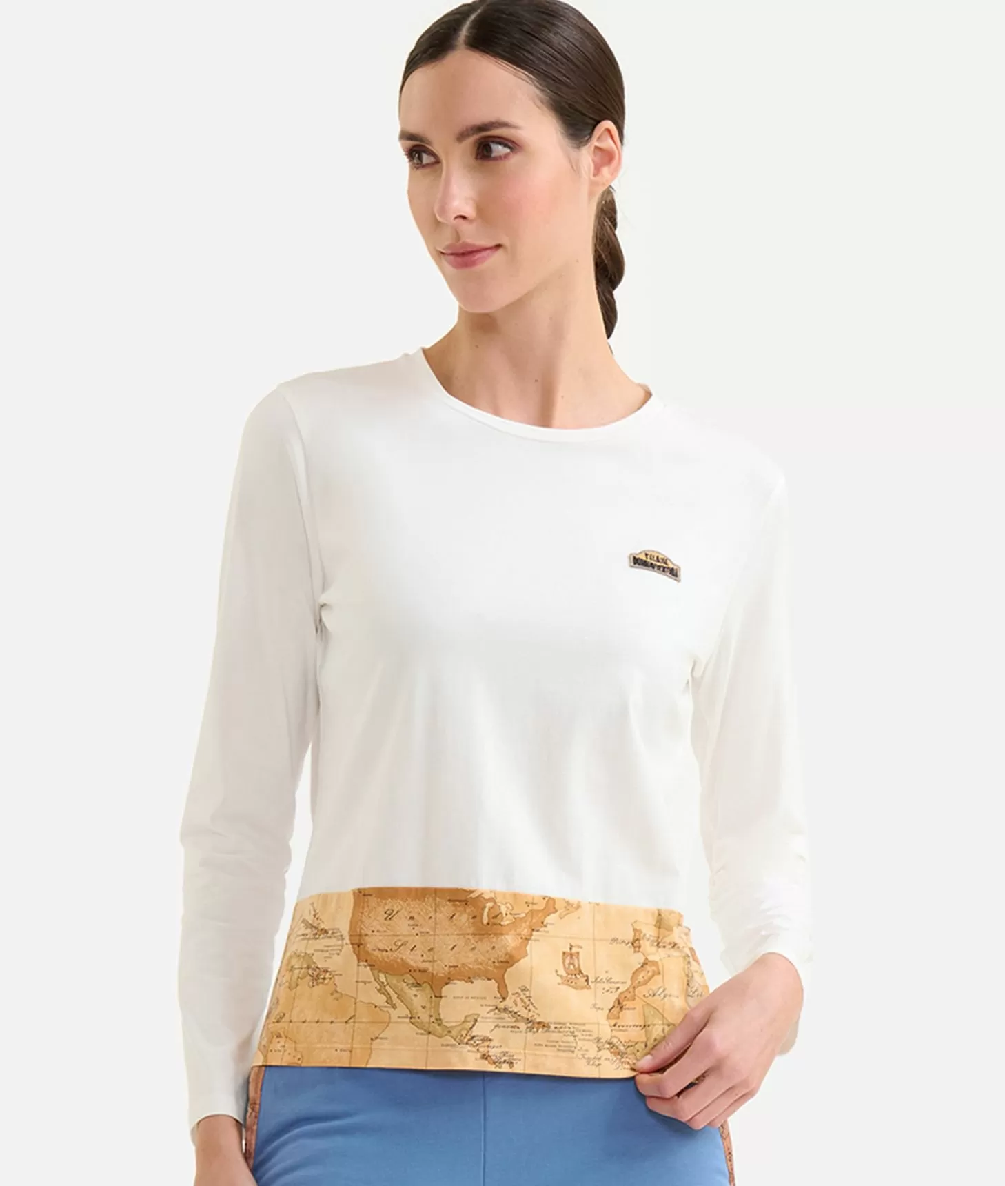Alviero martini 1a classe T-shirt a maniche lunghe in jersey di cotone stretch con fondo Geo Classic Gesso Soddisfazione Garantita
