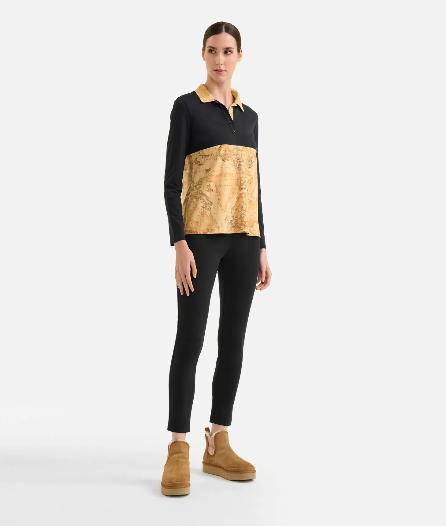 Alviero martini 1a classe Polo bimaterica a maniche lunghe in jersey di cotone stretch Nera