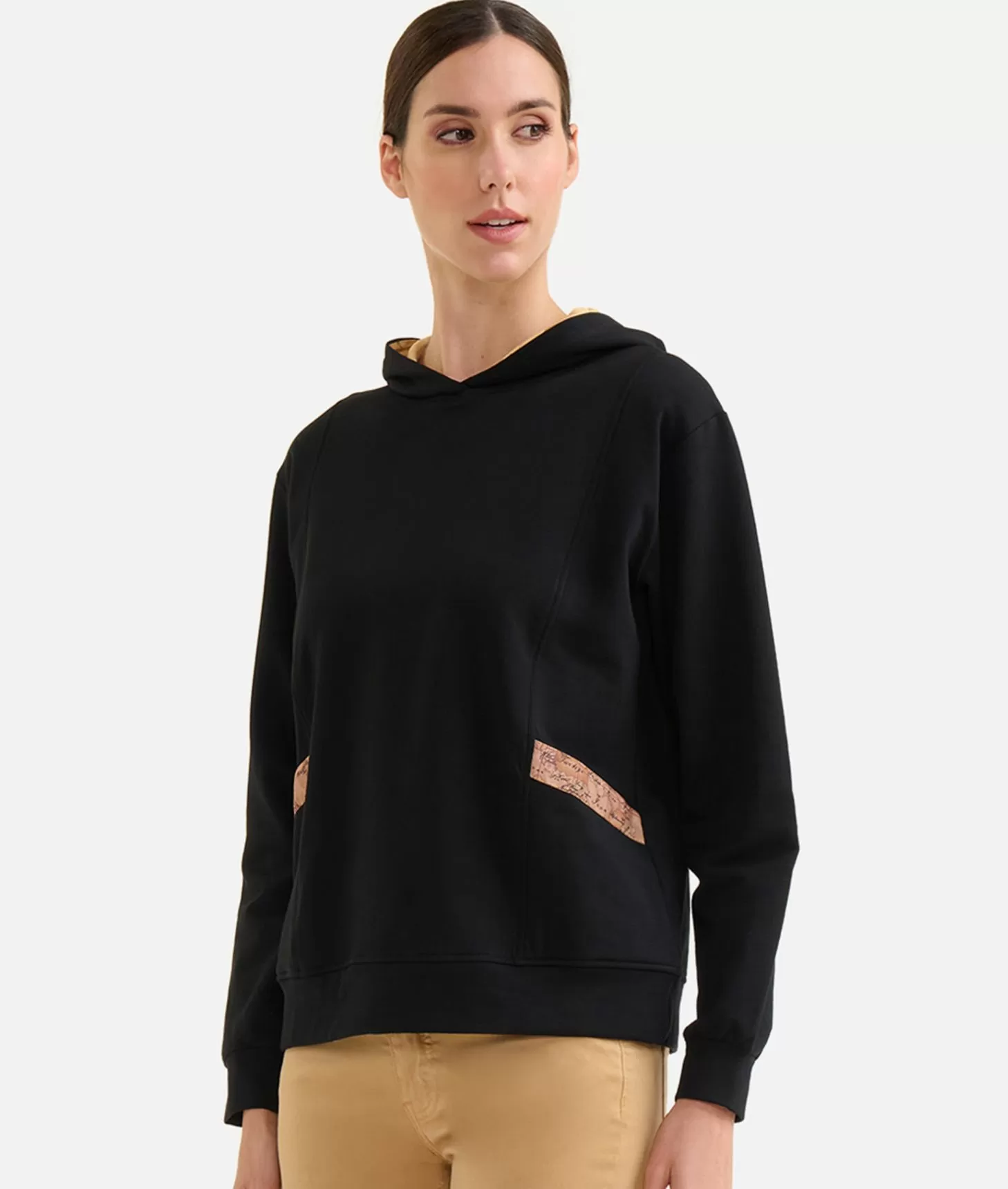 Alviero martini 1a classe Felpa in cotone garzato stretch con cappuccio Geo Classic Nera Sconto