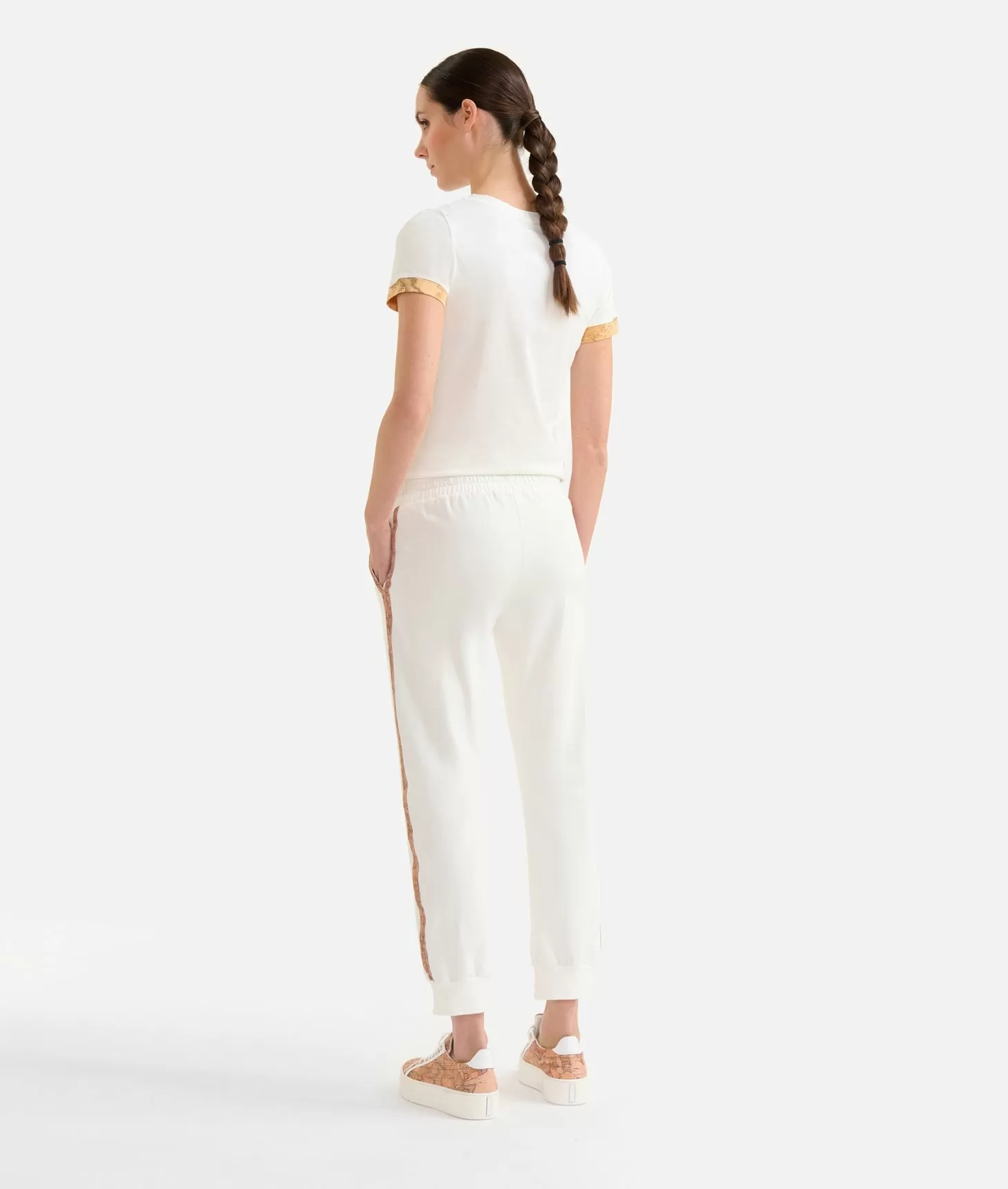 Alviero martini 1a classe Pantaloni in felpa garzata stretch con profili Geo Classic Avorio Saldi Di Fabbrica